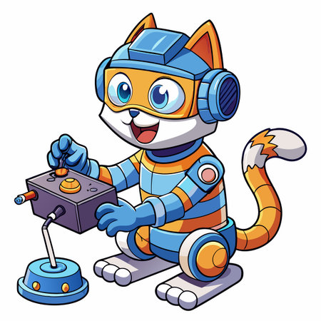 Cute robot cat operating a control panelのイラスト素材