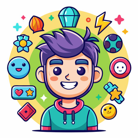 Smiling cartoon character surrounded by game elements