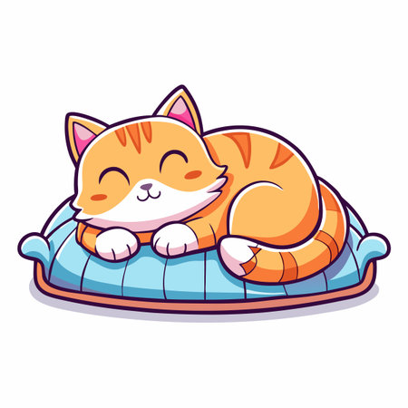 Cute orange tabby cat sleeping on a blue pillowのイラスト素材