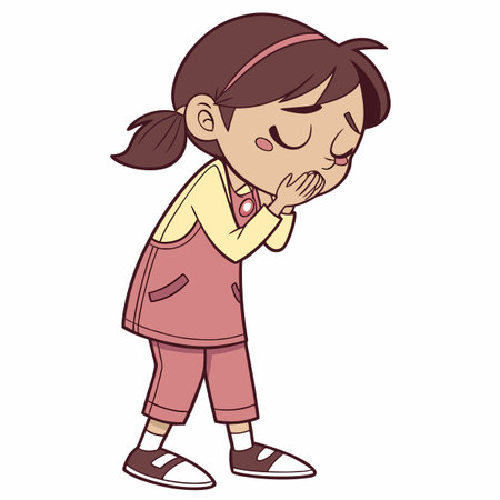 A young girl, looking unwell, is covering her mouth and noseのイラスト素材