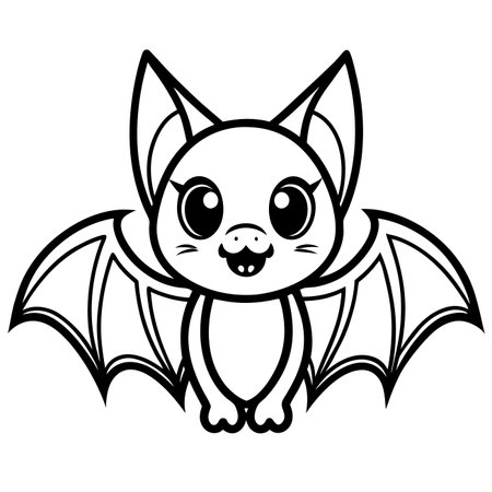 Cute black and white bat illustration.  A stylized, cartoon bat with large eyes and a wide smile, outlined and ready to be coloredのイラスト素材