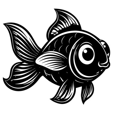 Cartoon fish illustration, black and white with big eyes and detailed finsのイラスト素材