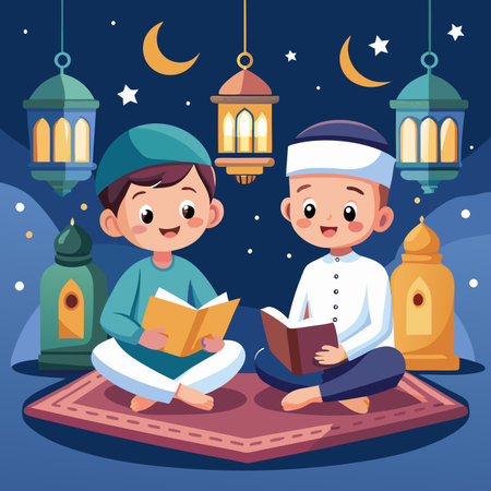 Children read books on a rug at night, surrounded by lanterns and crescent moonsのイラスト素材