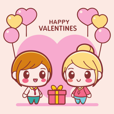 Cute couple with balloons and gift for Valentine&#39;s Dayのイラスト素材