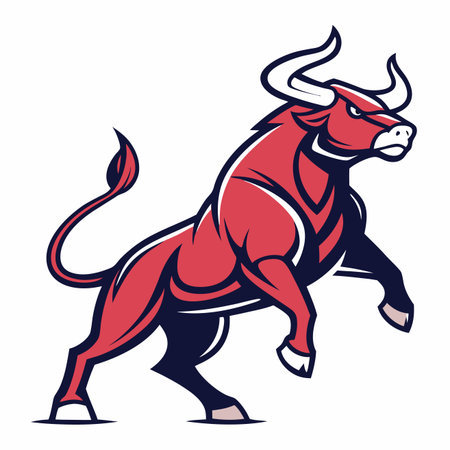 Red bull rearing up with white horns in a stylized illustration, dark outlinesのイラスト素材