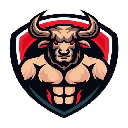 Muscular bull mascot with red eyes and a fierce expression inside a shield emblemのイラスト素材