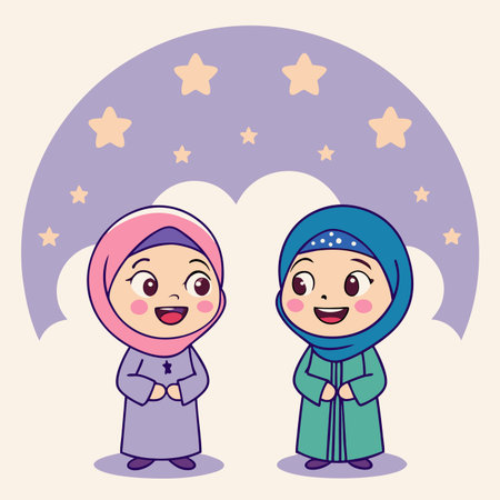 Two cartoon girls in hijabs smiling with stars and cloud background, cultural illustrationのイラスト素材