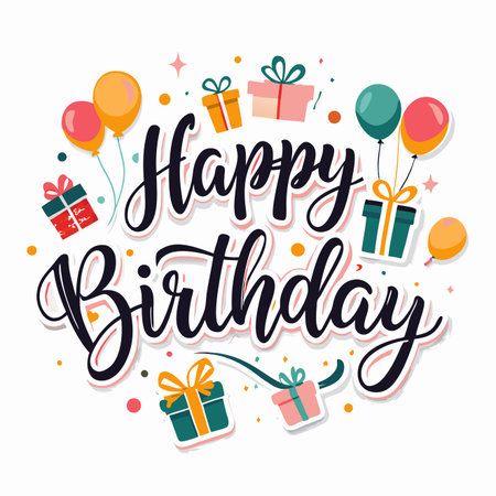 Birthday greeting card. Balloons and gifts surround bold "Happy Birthday" lettering. Celebration illustrationのイラスト素材