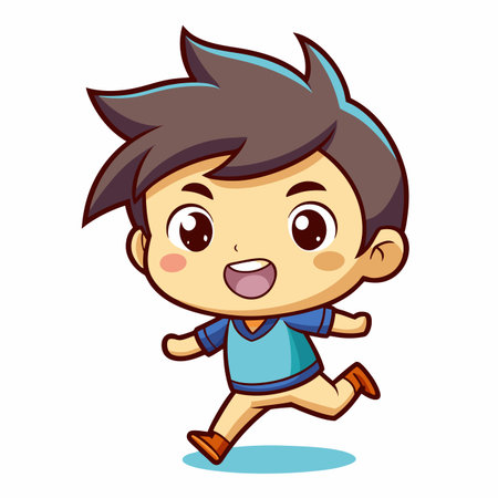 Cartoon boy running happily with brown hair, wearing a blue shirt and orange shoesのイラスト素材