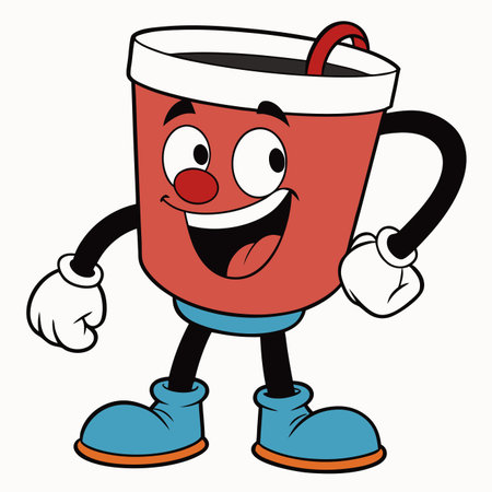 Cartoon cup character with a red nose, smiling face and a straw on whiteのイラスト素材