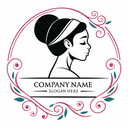 Elegant woman profile in a circular frame with floral designのイラスト素材