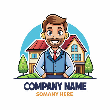 Cartoon man in business suit stands confidently in front of a house, symbolizing real estate or home servicesのイラスト素材
