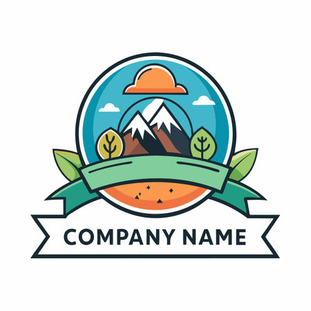 Colorful circular logo featuring mountains, clouds, sun, and leaves with a ribbon bannerのイラスト素材