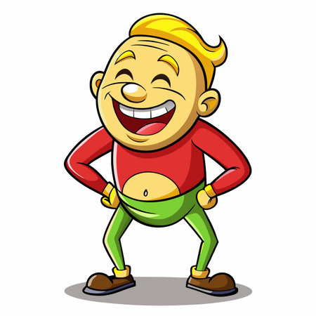 Cartoon character, a jolly, chubby man with a wide smile and hands on hips.  He is wearing a red top and green pantsのイラスト素材