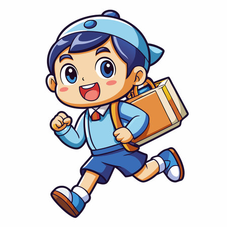Boy running with backpack, wearing cap, smiling happily. Cartoon style illustrationのイラスト素材