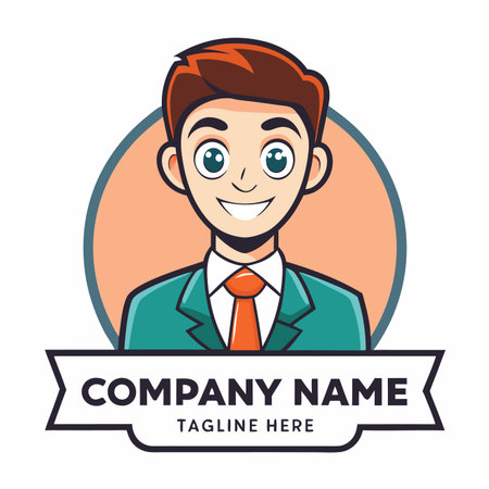 Cartoon business person logo, friendly face, teal suit, orange tie,  and a circle backgroundのイラスト素材
