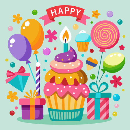Birthday celebration graphic with colorful cupcakes, balloons, and giftsのイラスト素材