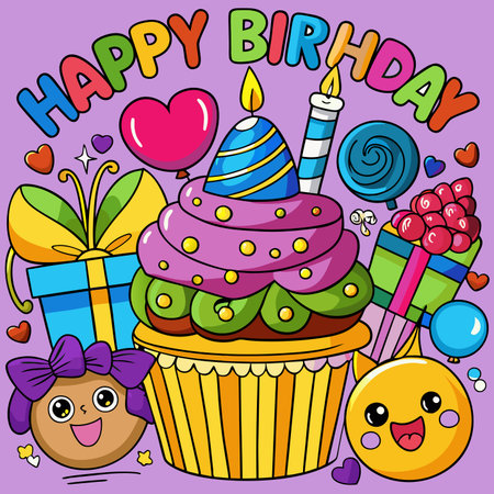 Colorful birthday cupcake surrounded by gifts, balloons, and treatsのイラスト素材