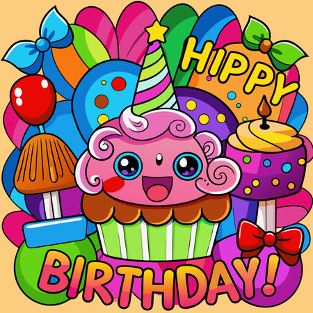 Cartoon cupcake with birthday decorations, bright colors, and a cheerful expressionのイラスト素材