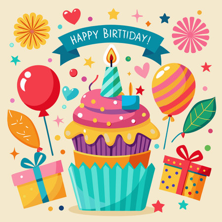 Colorful birthday cupcake graphic with balloons, gifts, and decorationsのイラスト素材