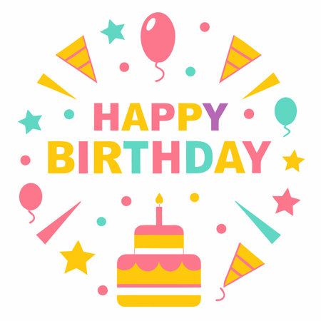 Birthday greetings. Cake, balloon, star, confetti, hat, in vibrant pink, yellow, and greenのイラスト素材