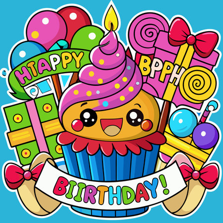 Cartoon cupcake with birthday decorationsのイラスト素材