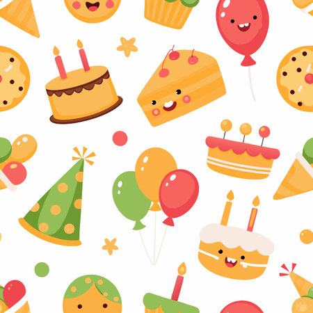 Cute birthday party pattern with cakes, balloons, and hatsのイラスト素材