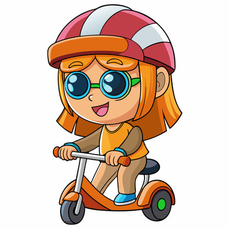 Cartoon girl in helmet and sunglasses riding a scooterのイラスト素材