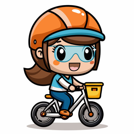 Cartoon girl in a helmet and glasses rides a bicycle with a basketのイラスト素材