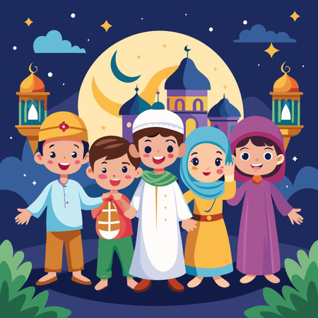 Four children in traditional Islamic clothing, standing together in front of a mosque at nightのイラスト素材