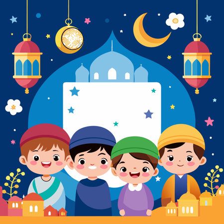 Four children in traditional Islamic attire,  fronting a mosque, nighttime sceneのイラスト素材