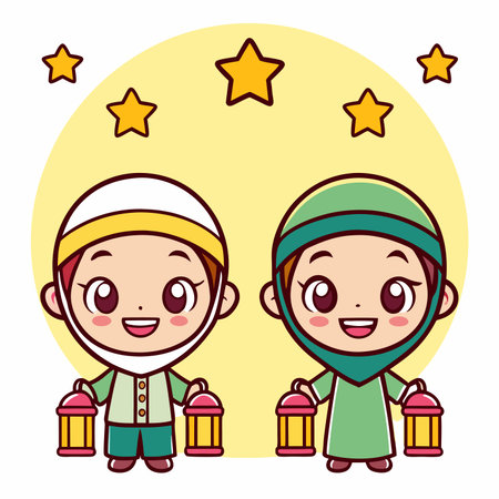 Cartoon children, likely Muslim, holding lanterns, celebrating a holiday, with stars and a moonのイラスト素材