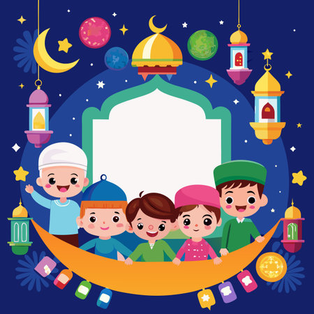 Cartoon children in Islamic attire, a crescent moon banner, and decorative objectsのイラスト素材