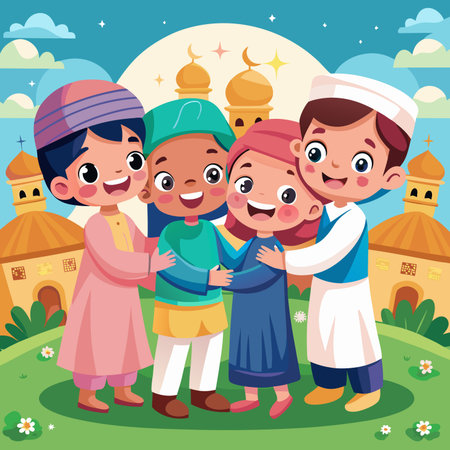 Four children, diverse in ethnicity, embrace warmly in front of a mosqueのイラスト素材