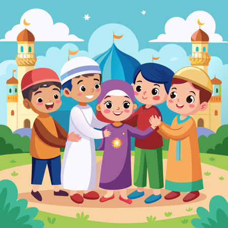 Diverse children in traditional Islamic attire, embracing, in front of mosqueのイラスト素材
