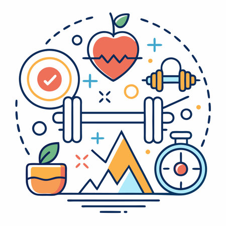 Colorful graphic with dumbbell, apple, heart, stopwatch, and healthy lifestyle elementsのイラスト素材