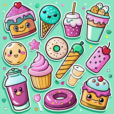 Cute cartoon food and drink icons on mint green backgroundのイラスト素材