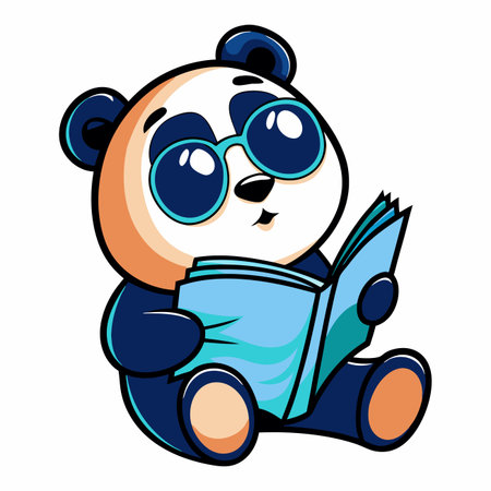 Cute panda cartoon character wearing sunglasses and reading a bookのイラスト素材