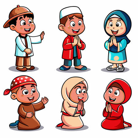 Cartoon children in diverse religious attire, smiling and some prayingのイラスト素材