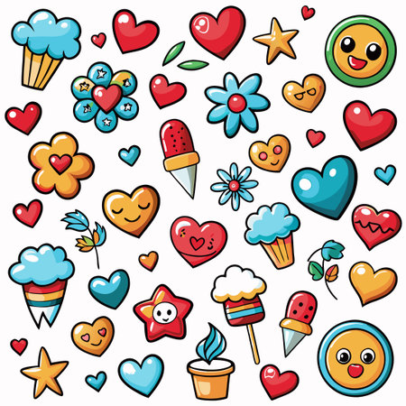 Cute, colorful, cartoonish graphic with hearts, flowers, stars, clouds, and facesのイラスト素材