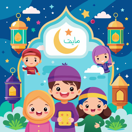 Cute children celebrating a holiday, lanterns, crescent moon, and archwayのイラスト素材