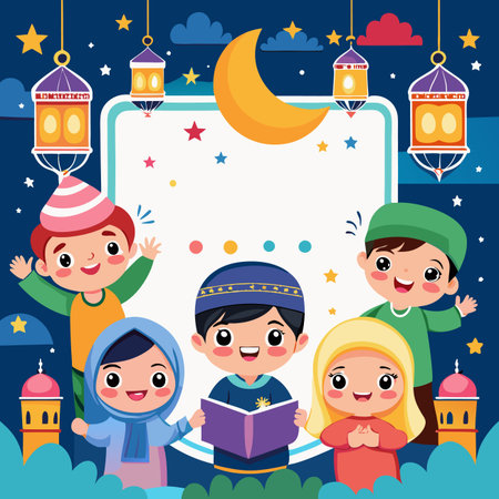 Cute kids in Islamic attire, smiling,  with lanterns &amp; moonのイラスト素材