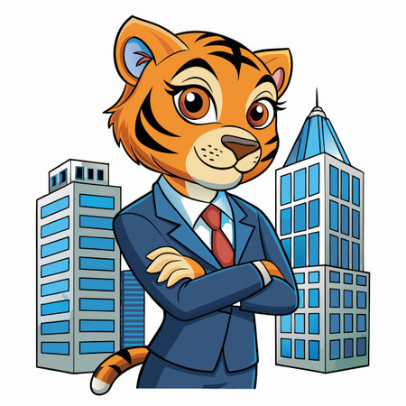 Cartoon tiger businesswoman in a suit, arms crossed, with city skyscrapers in the backgroundのイラスト素材
