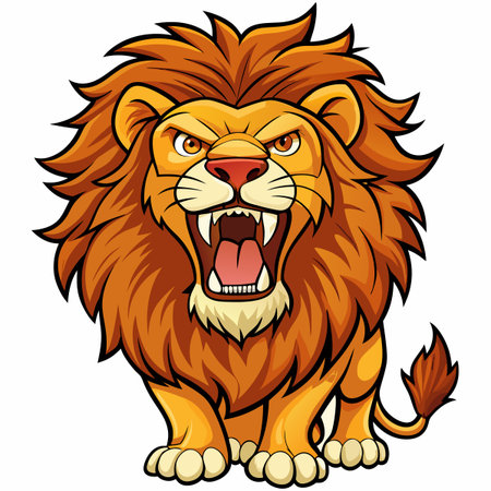 Cartoon lion roaring. Detailed mane, orange fur, and fierce expressionのイラスト素材