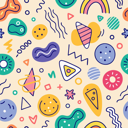 Seamless pattern with playful doodles and shapes, colorful and quirky designのイラスト素材