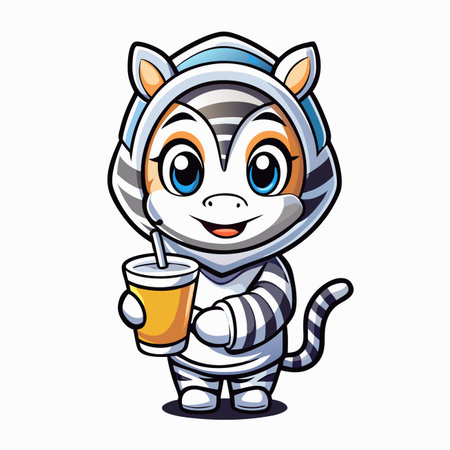 Cartoon zebra in hoodie holding beverage. Cute, small eyes, stylized tailのイラスト素材