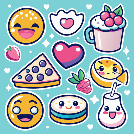 Cute, vibrant stickers of desserts, fruits, and smiling faces on a bright blue backgroundのイラスト素材