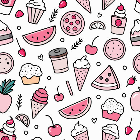 Pink food pattern sweets, fruits, desserts, and beverages on white background