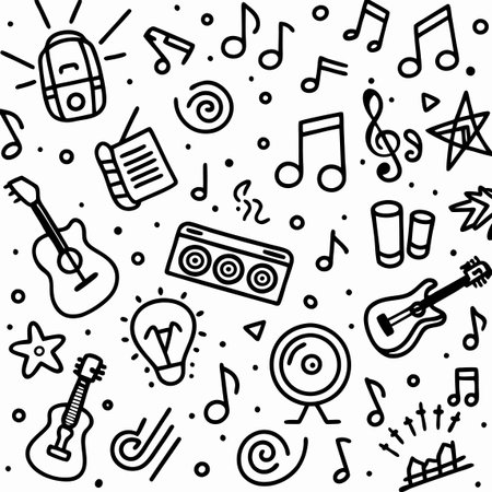 Music icons, guitar, speaker, notes, lightbulb and star doodles on white backgroundのイラスト素材