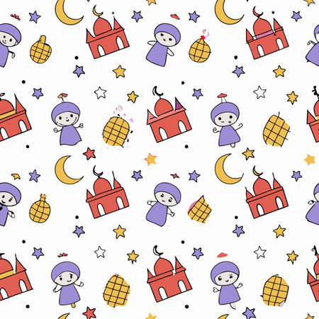 Festive pattern mosques, moons, figures, stars, and lanternsのイラスト素材